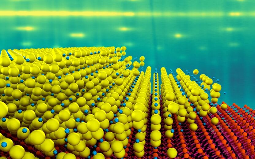 An artist’s conception of the single-crystal alkali antimonides photocathode, which is 10 times more efficient than existing photocathodes.