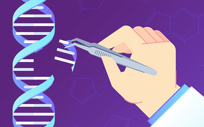 Illustration of hand holding tweezers with DNA material up to double-helix